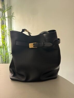 Classic Black Leather Shoulder Bag with Gold Buckle